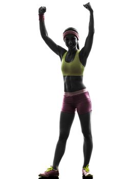 one caucasian woman exercising fitness fitness arms raised   in silhouette on white background