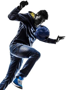 one caucasian young man soccer freestyler player in silhouette on white background