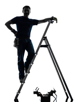 one manual worker man standing on ladder in silhouette on white background