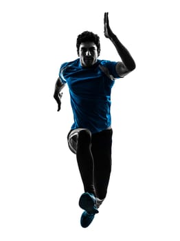 one caucasian man running sprinting jogging in silhouette studio isolated on white background