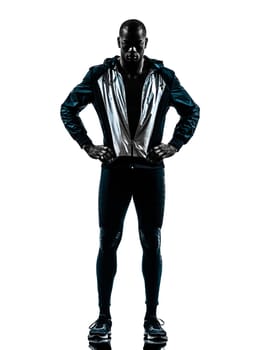 one african man runner sprinter jogger standing posing in silhouette studio isolated on white background
