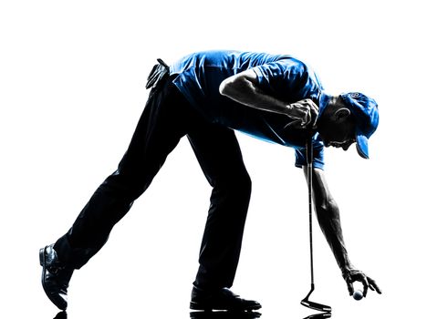 one man golfer golfing in silhouette studio isolated on white background