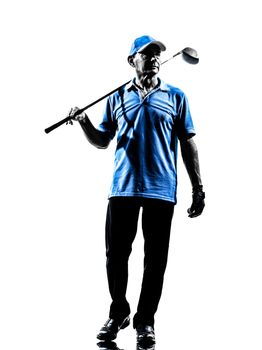 one man golfer golfing in silhouette studio isolated on white background