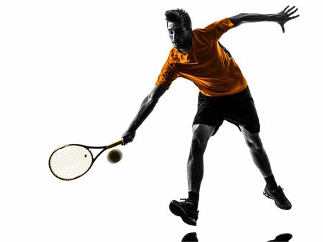one man tennis player in silhouette on white background