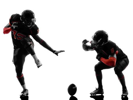 two american football players in touchdown celebration silhouette shadow on white background