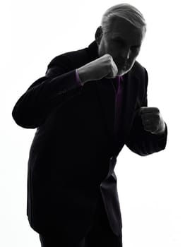 One Caucasian Senior Business Man punching the air Silhouette White Background
