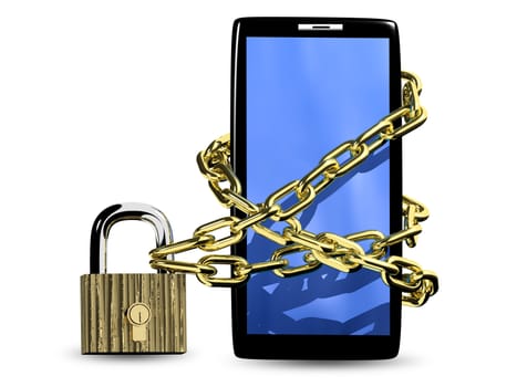 3d illustration of a smartphone in a chain on the padlock