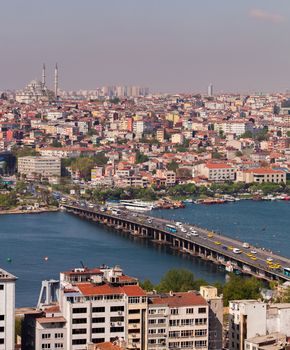 ISTANBUL, TURKEY ��� APRIL 28: The Ataturk Bridge over the Bosphorus on April 28, 2012 in Istanbul, Turkey prior to Anzac Day.  The Bosphorus divides Turkey between Europe and Asia. 