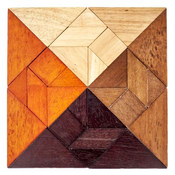 square shape created from 4 sets of wood tangram, a traditional Chinese puzzle game
