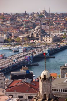 ISTANBUL, TURKEY ��� APRIL 28: The New Mosque and neighboroods along the Bosphorus on April 28, 2012 in Istanbul, Turkey prior to Anzac Day.  The Bosphorus divides Turkey between Europe and Asia.  