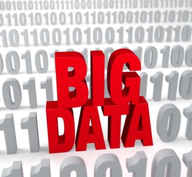 A large, red "BIG DATA" stands out in a field of binary "1"s and "0"s. Shallow DOF with focus on "BIG DATA."