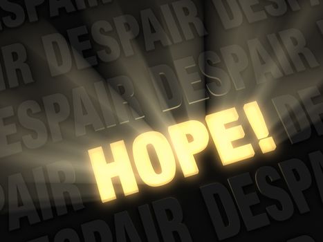Brilliant light rays burst from a glowing, gold "HOPE" on a dark background of "DESPAIR"