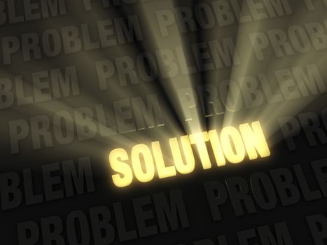 Brilliant light rays burst from a glowing, gold "SOLUTION" on a dark background of "PROBLEMS".