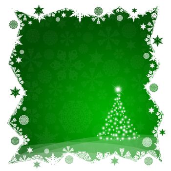 Christmas tree from green snowflakes on dark background