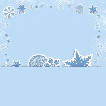 Christmas card. White snowflakes on a blue background