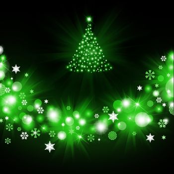 Christmas tree from green snowflakes on dark background