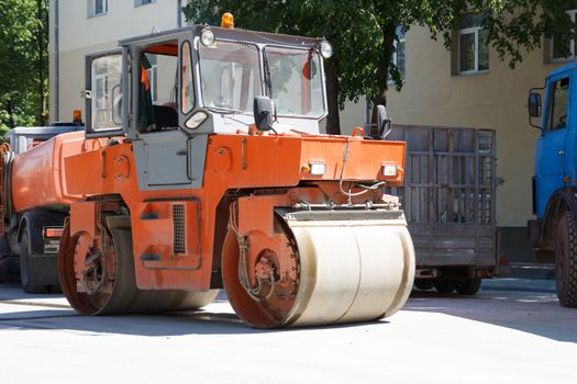 Road roller at a road construction site 