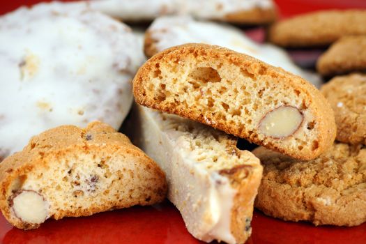 Coffee break time or Holidays:peanut butter or oatmeal cookies with sugar icing and italian biscotti