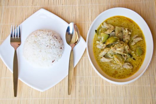 delicious Thai food call KAENG KEAW WAN KAI from chicken and spicy curry with jasmine rice