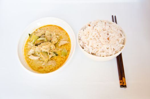 delicious Thai food call KAENG KEAW WAN KAI from chicken and spicy curry with jasmine rice