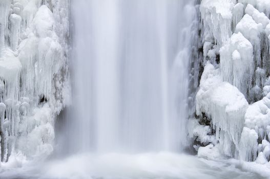 Multnomah Falls Frozen Icicles in Winter Season at Columbia River Gorge Closeup