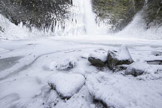 Horsetail Falls at Columbia River Gorge in Oregon Frozen in Winter Season