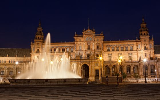 fountain on Plaza de Espana at night, Seville, Spain