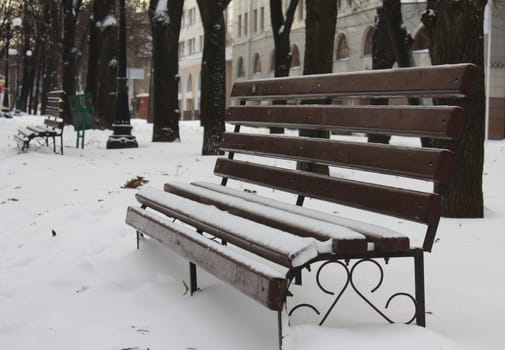 Empty bench at snow-covered park
