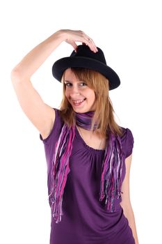 Girl with brackets in a hat isolated on thr white