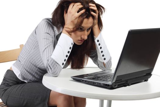 Tired women sitting with computer isolated on the white background