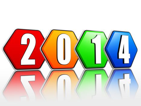 new year 2014 - white ciphers on 3d pied hexagons buttons arranged in line