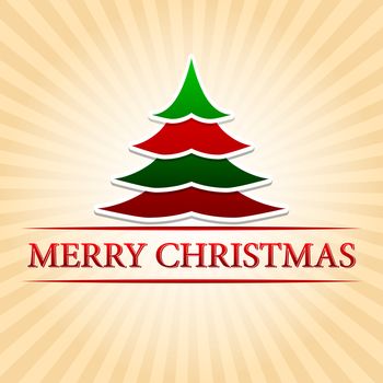 merry christmas - text with red green christmas tree sign over beige rays