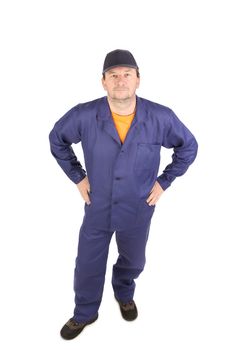 Worker in blue workwear. Isolated on a white background.