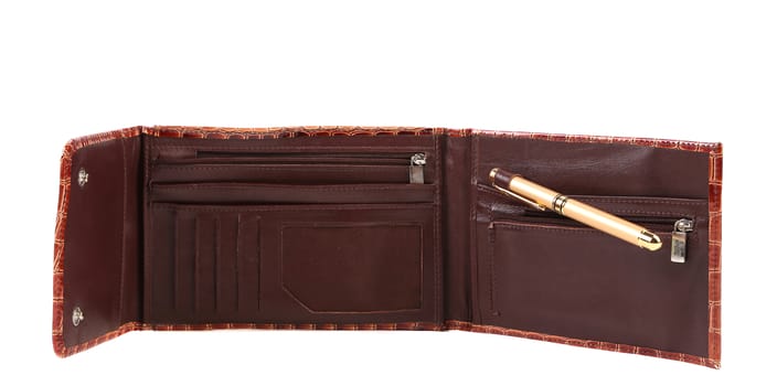 Opened brown leather purse. Isolated on a white background.