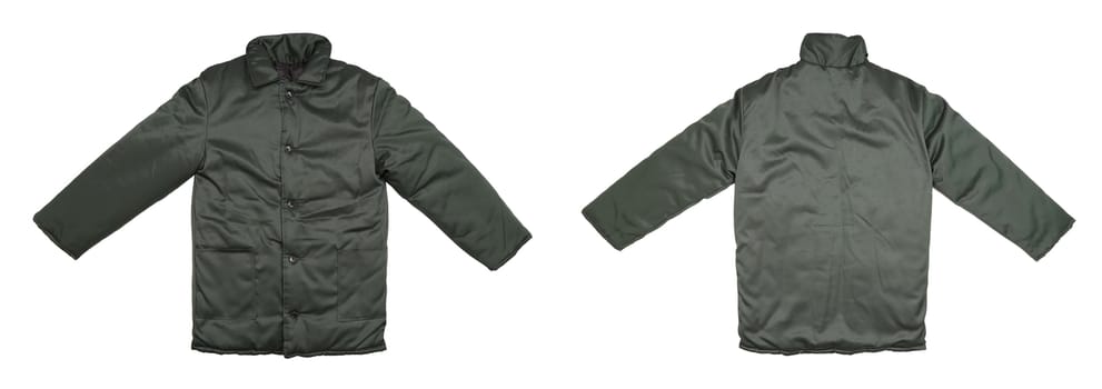 Green working jacket front back. Isolated on a white background.