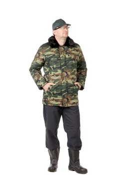 Man in military vest. Isolated on a white background.