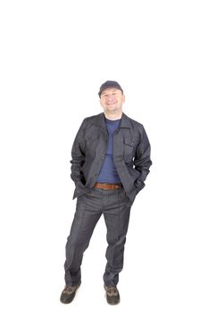 Smiling worker in work wear. Isolated on a white background.