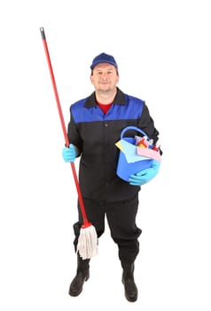 Man holding cleaning supplies. Isolated on a white background.