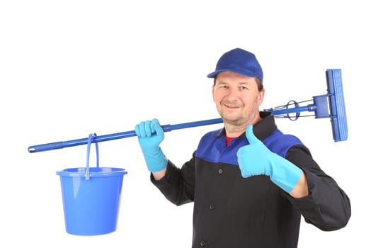 Man holding broom and bucket. Isolated on a white background.