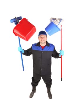 Man holding cleaning supplies. Isolated on a white background.