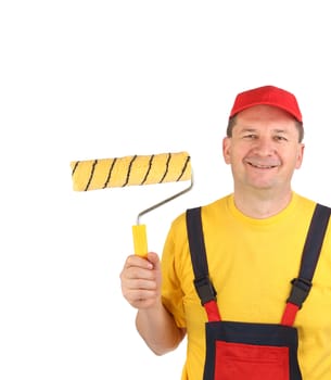 Worker with roll. Isolated on a white background.