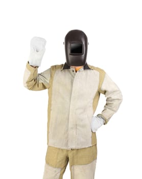 Welder in mask with mittens. Isolated on a white background.