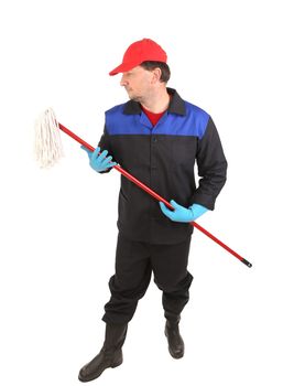 Man in workwear with mop. Isolated on a white background.