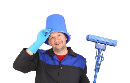 Man with head inside of bucket. Isolated on a white background.