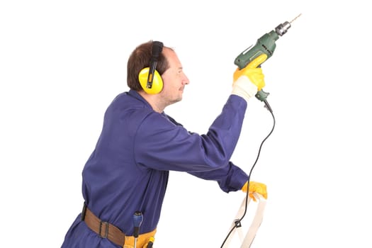 Worker with drill. Isolated on a white background.