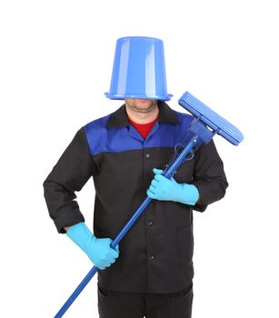 Man with head inside of bucket. Isolated on a white background.