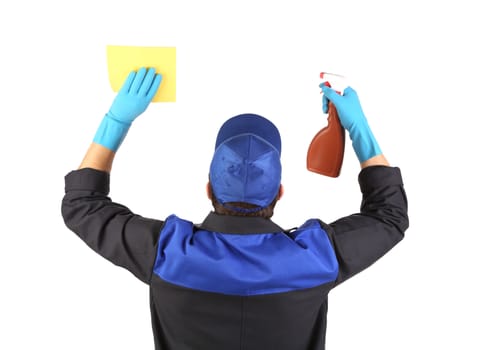 Man holds spray bottle and sponge. Isolated on a white background.