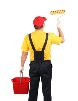 Worker with roller and bucket. Isolated on a white background.