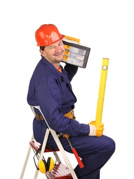 Worker on ladder with tool and toolbox.  Isolated on a white background.