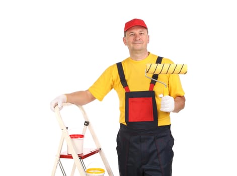 Worker on ladder with roller. Isolated on a white background.